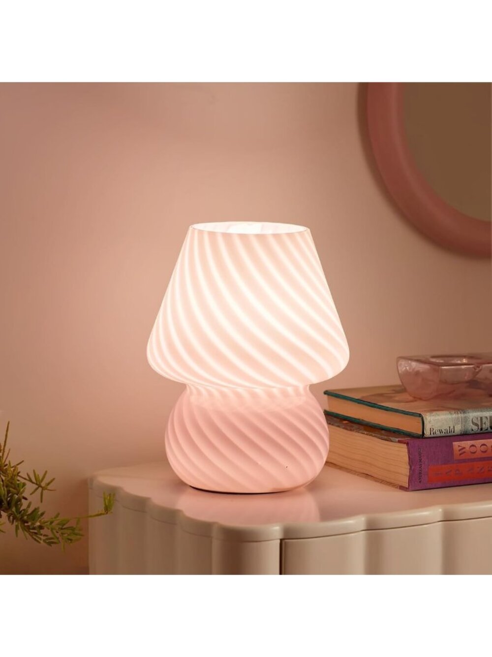 Chic Pink Mushroom Table Lamp - Striped Glass Nightstand Light for Bedroom